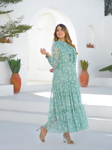 Divena Green Georgette Full Sleeves Maxi Dress