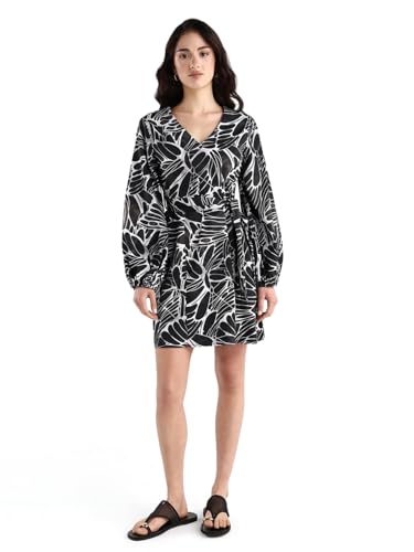 Rareism Women's Cotton V-Neck Floral Print Bishop Sleeve Mini A-Line Dress