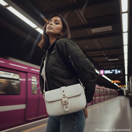 BuckleUp White Sling | Faux-Leather Women’s bag | Sling with Croco-Textured Flap & Buckle Closure