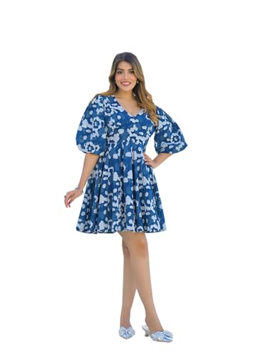 Divena Blue V-Neck Short Bell Sleeves Mini Cotton Dress