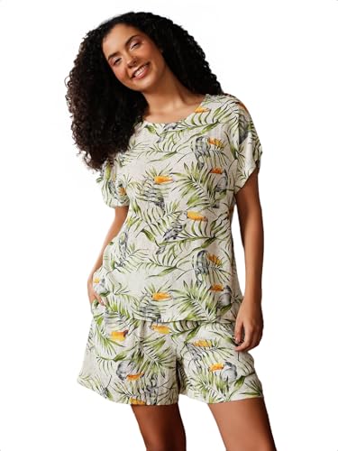 Clovia Women's Rayon Printed Top & Shorts Set (LS0533P11_Green_L)