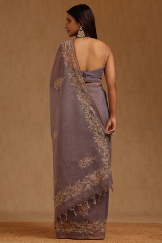 Soch Womens Lavender Linen Floral Printed Zari Embroidered Saree