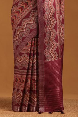 Soch Womens Magenta Tussar Ethnic Motifs Saree