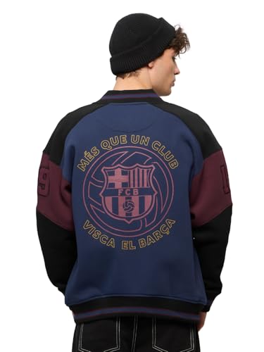 The Souled Store FC Barcelona: Barca Men and Boys Long Sleeves Band Collared Button Front Blue and Maroon Printed Oversized Varsity Jackets