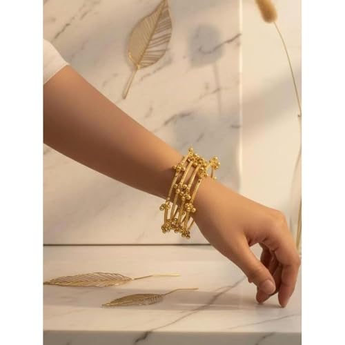 SAMC Women Golden Plated Ghungroo Bangle Set | Set of 8 Pieces | Kashmiri Style Design | Slip On Closure | Festive Wrist Jewellery Women