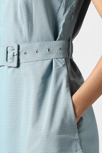 Women Light Blue Check Knee Length Formal Dress