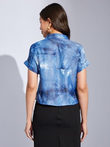 Latin Quarters Women Blue Collared Short Sleeve Tie & Dye Shirt Blouse for Casual Wear_S