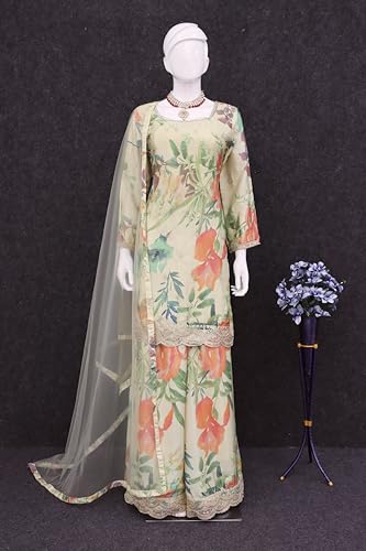 RUDRAPRAYAG Chinon Silk Floral Digital Print With Embroidery Womens Ethnic Wear Sharara Salwar Suit(Semi Stitched), Beige,Free Size