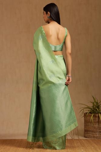Soch Womens Sap Green Tussar Woven Design Saree