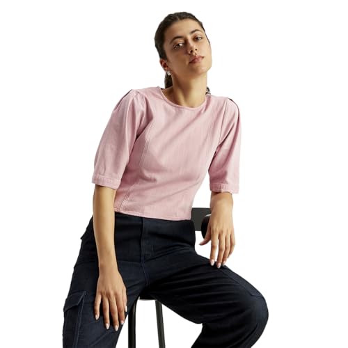 Women's Solid Light-Pink Round Neck Top