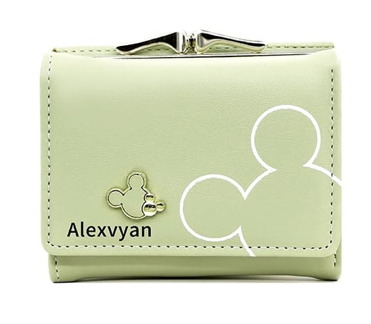 Alexvyan Green Mickey Small Tri-Fold Women's Purse Wallet Card Organizer Female Hand Purse Clutch Women/Ladies/Girls Wallets 5 Card Holder 1 Long & 2 Small Pocket -1 Coin Pocket