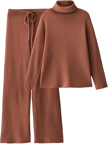 TYSORT Women’s Winter Woolen Turtleneck Sweater with Pajama | Warm Winter Wear Cord Set | Woolen Tracksuit Loungewear Set Brown
