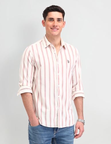 U.S. POLO ASSN. DENIM CO. Vertical Striped Slim Fit Cotton Shirt (UDSHT1388_Rust_40)