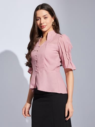 Latin Quarters Women Pink V-Neck Half Sleeves Solid Top Blouse for Casual Wear_XL