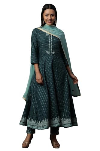 W for Woman Women's Rayon Kurta, Straight Pant & Dupatta (23AUSTWS10104-119928_Teal Green