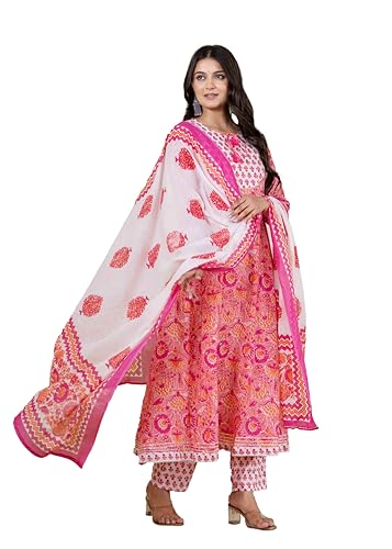 Pistaa's Women Cotton Anarkali Flair Suit Set (IN, Alpha, XS, Regular, Pink)