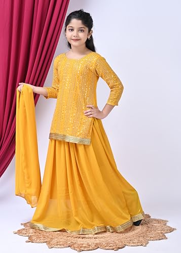 SPAMitude - Georgette Sequin Lehenga Kurta, Skirt and Dupatta Set for Girls – Ethnic Party Dress I Birthday Dress I Trendy Classic I Round Neck Full Sleeves (Yellow, 4 to 5 Years)