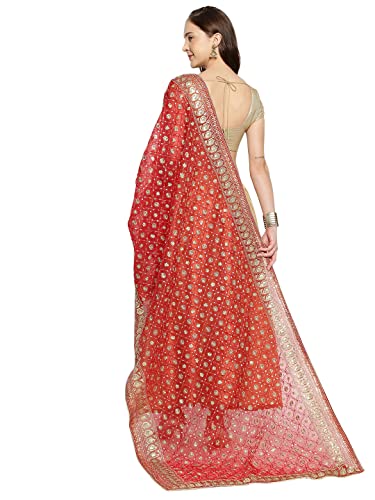 DUPATTA BAZAAR Women's Red Heavily Embroidered Net Dupatta