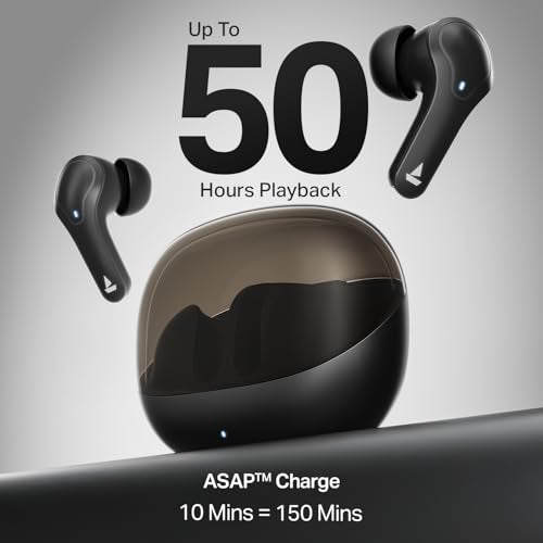 boAt Airdopes Plus 311, Glass Design, ENx Tech, Fast Charge, 50 Hrs Battery, Stream Ad Free Music via App Support Bluetooth Earbuds, TWS Ear Buds Wireless Earphones with mic (Charcoal Black)