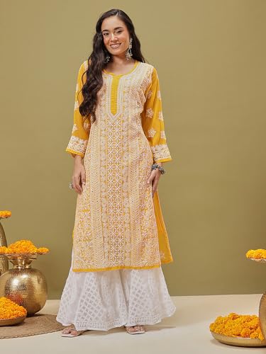 Ada Lucknowi Handmade Chikankari Straight Georgette Kurta with Slip for Women A411220 (Mustard, L)