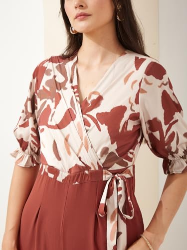 Latin Quarters Women Rust V- Neck Short Sleeves Wrap Printed Casual Jumpsuit_L