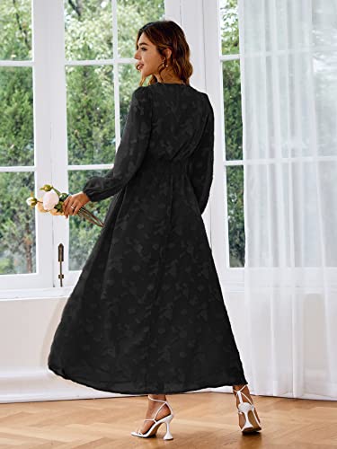 Simplee Women's Bridesmaid Wedding Guest Formal Maxi Dress Boho Floral Flowy Long Dress V Neck Long Sleeve Ruffle Dress, 1#black, Medium