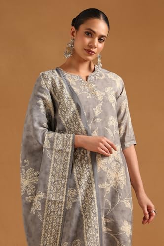 Soch Womens Grey Polyester Botanical Salwar Suit With Beads