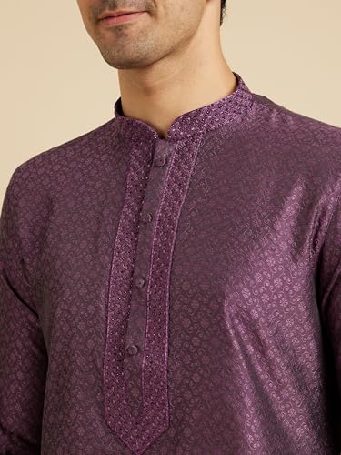 Manyavar Men's Viscose Blend Embroidered Neckline Kurta Pyjama Set (Purple,2XL)