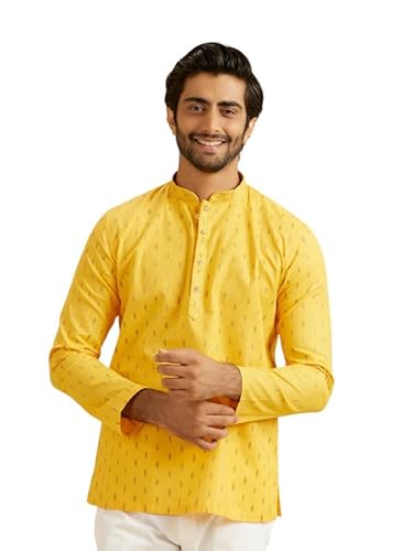 Manyavar Men's Cotton Jacquard| Thread Work Short Kurta (Mustard,M)