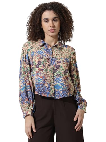 ONLY Women Printed Viscose Crop Length Blue Shirt