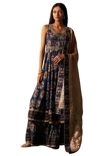 Wishful Women's Navy Blue Floral Printed Beaded Anarkali Modal Satin Kurta with Culottes and Dupatta Set (SP12626-125810-L)