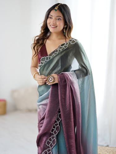 AKHILAM Women's Metallic Satin Ombre Printed Saree With Unstitched Blouse Piece (AARYAN20703_KR)