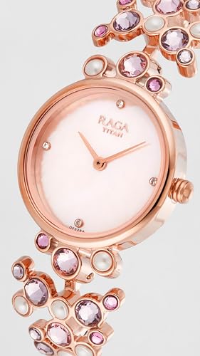 Titan Raga Moonlight Quartz Analog Mother of Pearl Dial Rose Gold Metal Strap Watch for Women - NT95032WM02