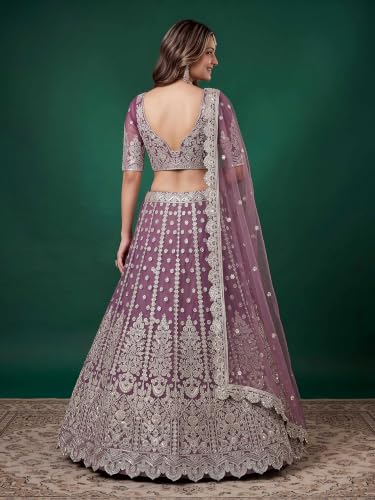 Zeel Clothing Women's Zari Sequins Embroidered Work Soft Net Lehenga Choli With Dupatta (6013-Purple-Womens-Lehenga-Choli-New; Free size)