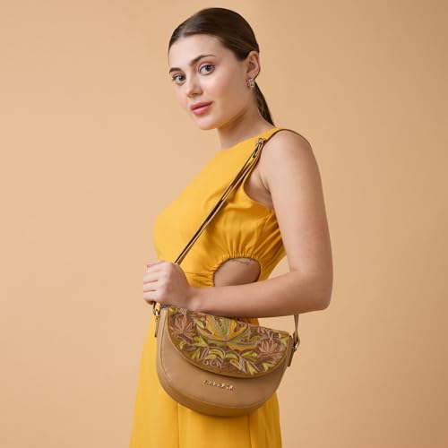 Caprese Siji Tresna Medium Crossbody Bag for Women with Adjustable Strap & Zip Closure | Kashida Velvet Embroidery Sling Bag | Stylish & Lightweight Bag for Daily Use, Travel & Casual Outings (Brown)