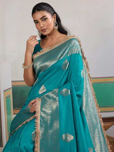 AKHILAM Women's Light Blue Satin Silk Ethnic Printed Saree With Unstitched Blouse Piece(KRNIVLWED002_RJ)