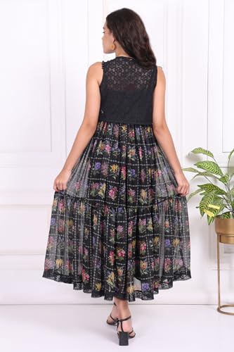 W for Woman Black Floral Printed Poly Georgette Flared Dress with Embroidered Waist Coat Set - (W12969-125847-M)