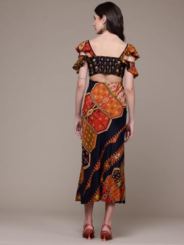 Label RITU KUMAR V Neck Frill Sleeves Printed Long Dress Black