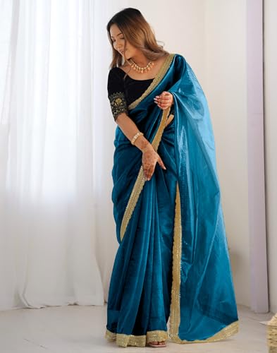 SIRIL Women's Net Embroidered Saree With Unstitched Blouse Piece(3997S133-Blue)