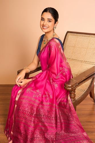 Taneira Women Pink Rajasthan Pure Silk Cotton Printed Sanganeri Saree with Unstitched Blouse Piece (SAPP01AC6734-Pink)