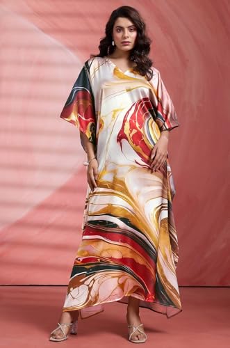 Label Aarna Classic Marble Soft Satin Women Kaftan Dress with Digital Print