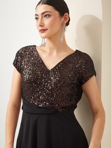 Latin Quarters Women Black V- Neck Short Sleeves A-Line Sequined Party Dress_XXL