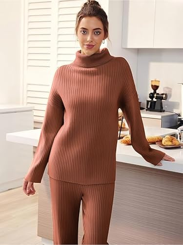 TYSORT Women’s Winter Woolen Turtleneck Sweater with Pajama | Warm Winter Wear Cord Set | Woolen Tracksuit Loungewear Set Brown