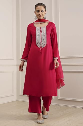 Biba Women's Fuchsia Viscose Rayon Straight Dyed Suit Set