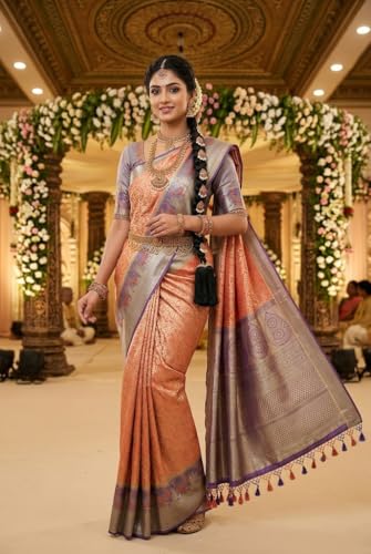 VFCollections Women's Traditional Handloom Kanchipuram Silk Pure Pattu Sarees – Peacocks Border | Rich Zari Woven Design | Bridal Saree | Unstitched Blouse (VFC690-3)