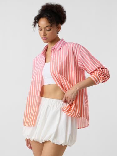 The Souled Store Stripes Ombre Shirt: Pink, White Women and Girls Long Sleeves Collared Neck Button Front Cotton Boyfriend Shirts