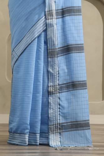 Soch Womens Light Blue Cotton Striped Saree