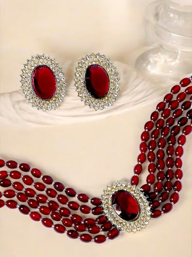 OOMPH Jewellery Maroon Beads Multi Layer Ethnic Choker Necklace Set with Large Stud Earrings for Women & Girls Stylish Latest (GOSET143_Z)- For Women & Girls Stylish Latest