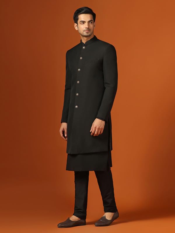 KISAH Men's Kurta Indo-Western Sherwani Trouser Set, Black Jacquard, Woven Design Regular Fit Mandarin Collar Long Sleeves (44)