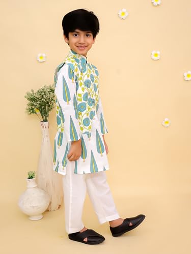 The Mom Store Baby/Kids Boys Kurta Pajama and Jacket Set | Cotton | Comfortable | Ethnic Wear | Festive Look | Printed | Emeraluxe, Multi | 7-8Y